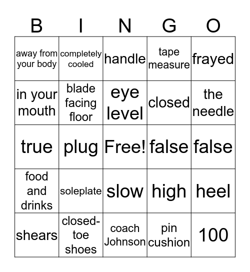 Sewing Safety Bingo Card