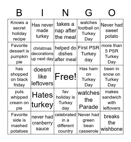 Turkey Day Bingo Card