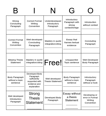 Peer Editing BINGO  Bingo Card