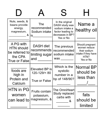 DASH Diet Defender Bingo Card