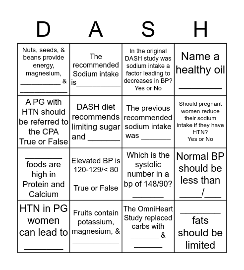 DASH Diet Defender Bingo Card