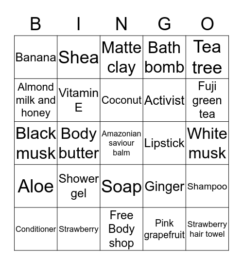 Body shop Bingo Card