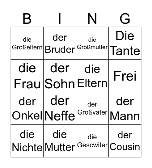 Familie Bingo Card