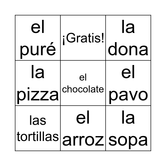 La comida Bingo Card