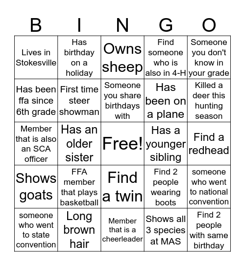 FFA Bingo Card