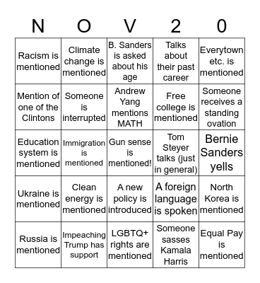 Democratic Debate, November 20, 2019 Bingo Card