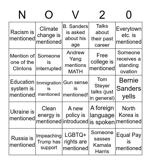 Democratic Debate, November 20, 2019 Bingo Card