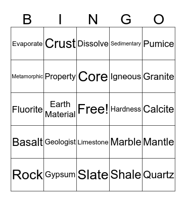 Earth Material Bingo Card