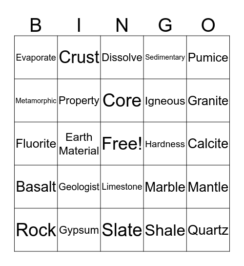 Earth Material Bingo Card