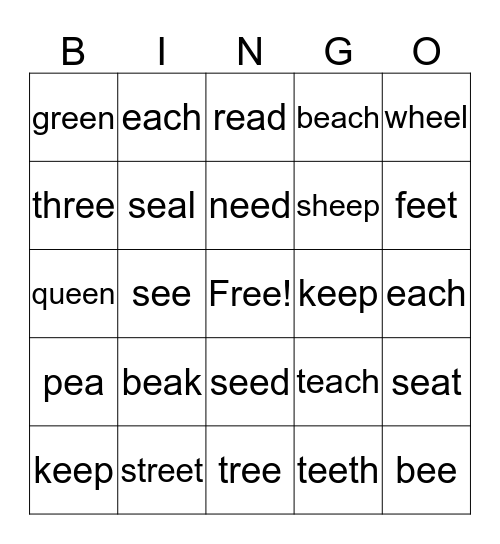 Long e (ee, ea) words Bingo Card