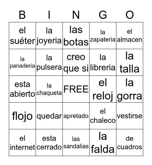 Clothing Bingo Card