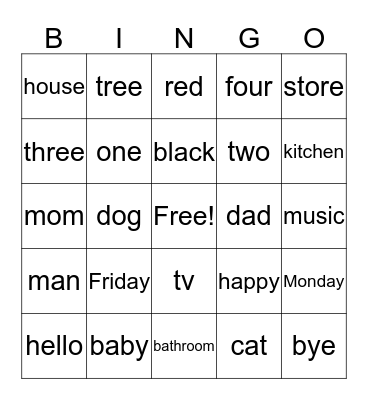 English Bingo Card