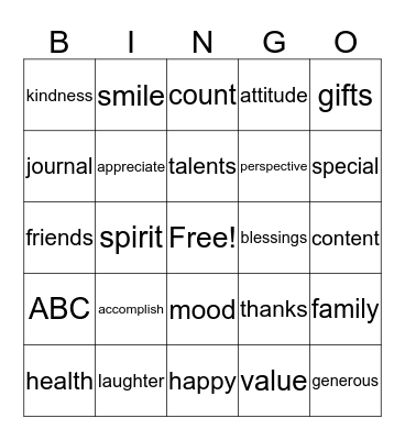 Attitute of Gratitude Bingo Card