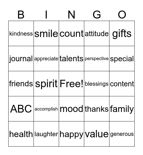 Attitute of Gratitude Bingo Card