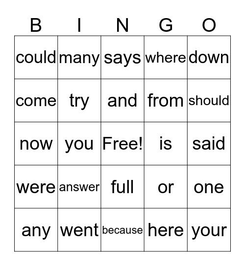 Sight Word Bingo #1 Bingo Card