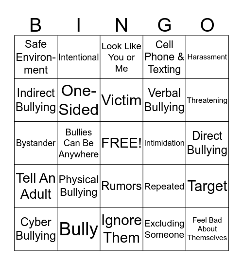 Anti-Bullying Bingo Card