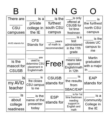 CSU Academic Preparation and College Readiness Bingo Card