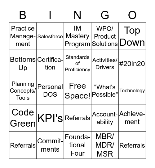 2020 Operating Plan Bingo Card