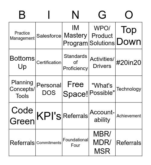 2020 Operating Plan Bingo Card