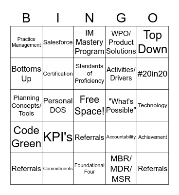 2020 Operating Plan Bingo Card