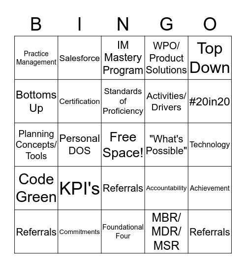 2020 Operating Plan Bingo Card