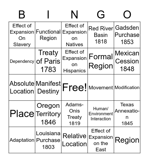 US Expansion Bingo Card