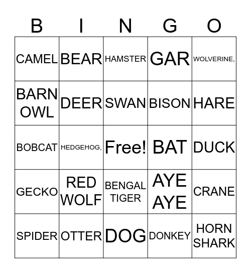 animals  Bingo Card