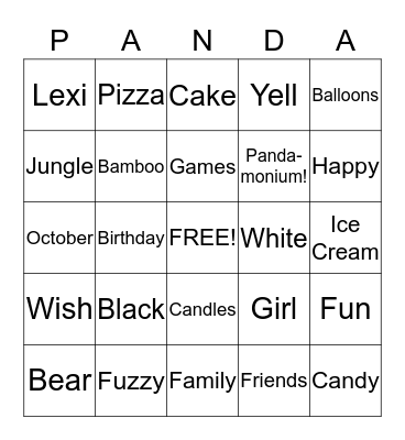 Panda Bingo! Bingo Card