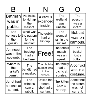VCCV Sentences Bingo Card