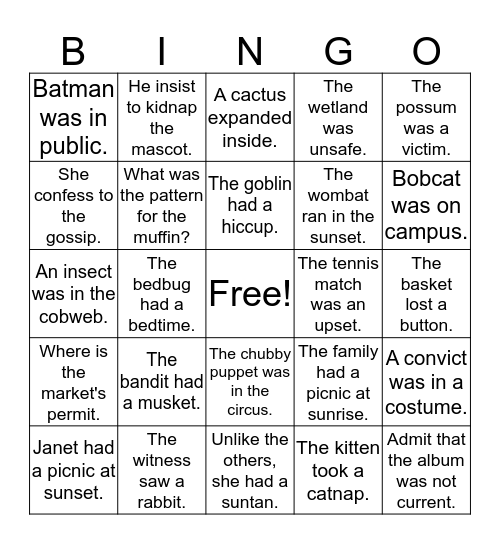 VCCV Sentences Bingo Card