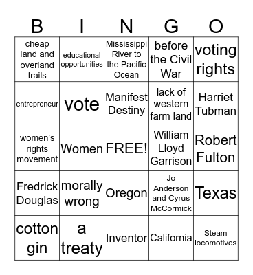 Westward Expansion Bingo Card