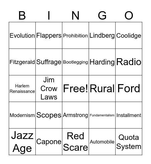 Roaring 20's Bingo Card