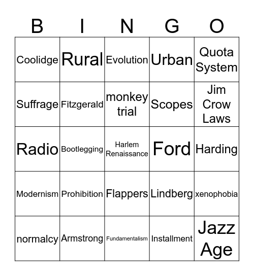 Roaring 20's Bingo Card