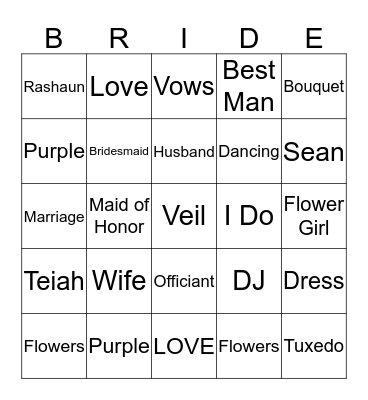 Bridal Shower Bingo Card