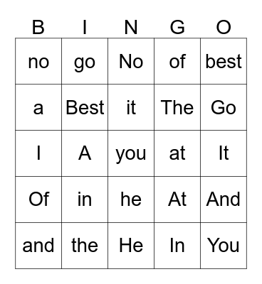 Sight Words Bingo Card