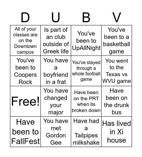 WVU Bingo Card