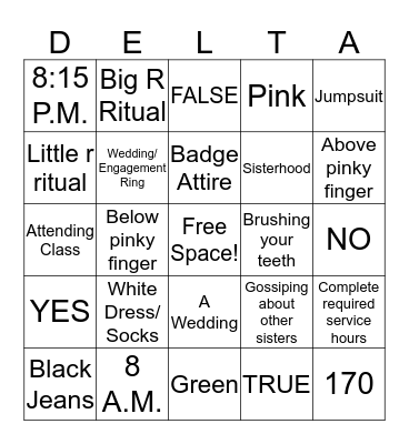 Delta Zeta Bingo Card
