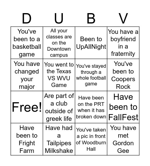 WVU Bingo Card