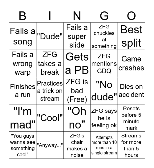 ZFGINGO Bingo Card