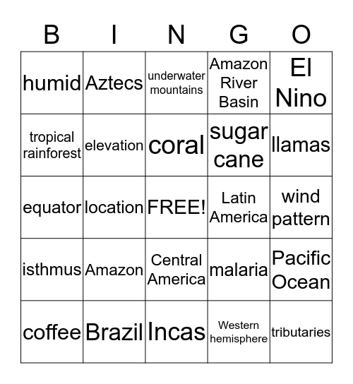 Latin America Bingo Card