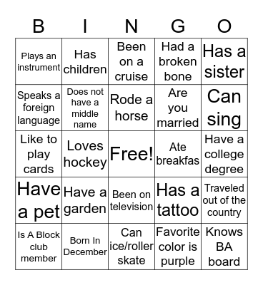 Getting To Know You Bingo Card