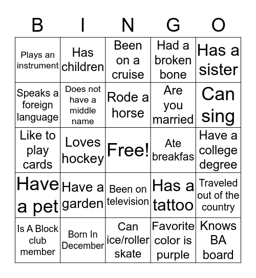 Getting To Know You Bingo Card