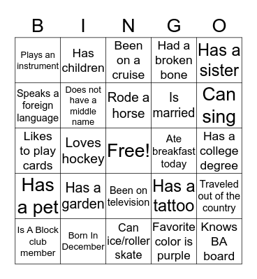 Getting To Know You Bingo Card