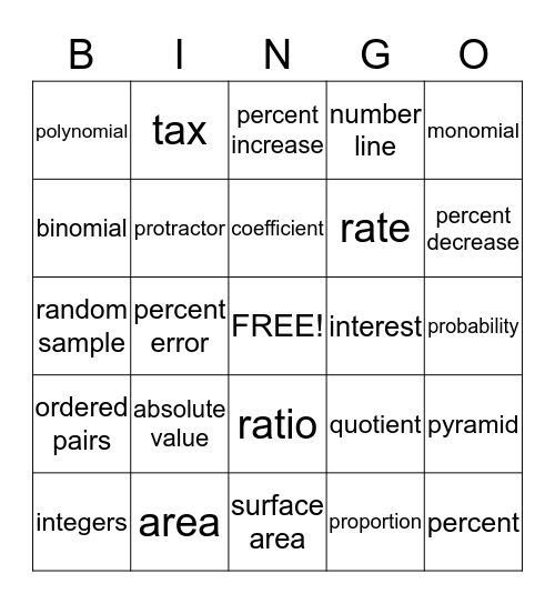 Math Connects Vocabulary Bingo Card