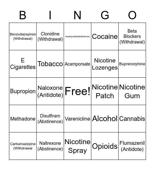 Medication for Substance use Disorders Bingo Card