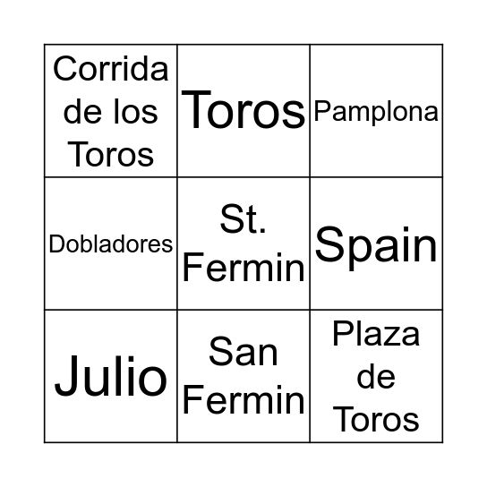 Corrida de los Toros Bingo Card