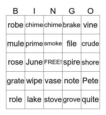 Long Vowel Bingo Card