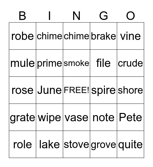 Long Vowel Bingo Card