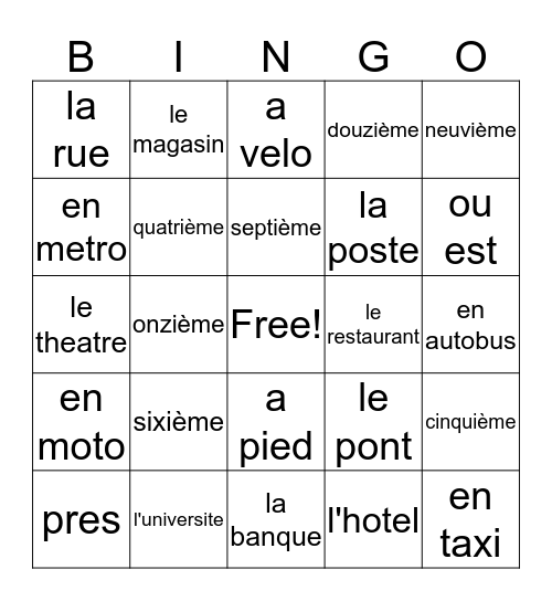 French 1, Chapter 5 Bingo Card