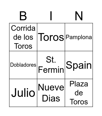 Corrida de los Toros Bingo Card